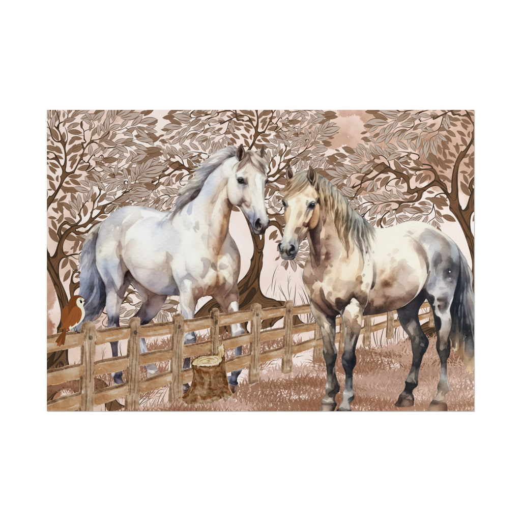 Poster - Zwei Pferde grau weiß kariert begrüßen sich am Zaun - Familientruhe