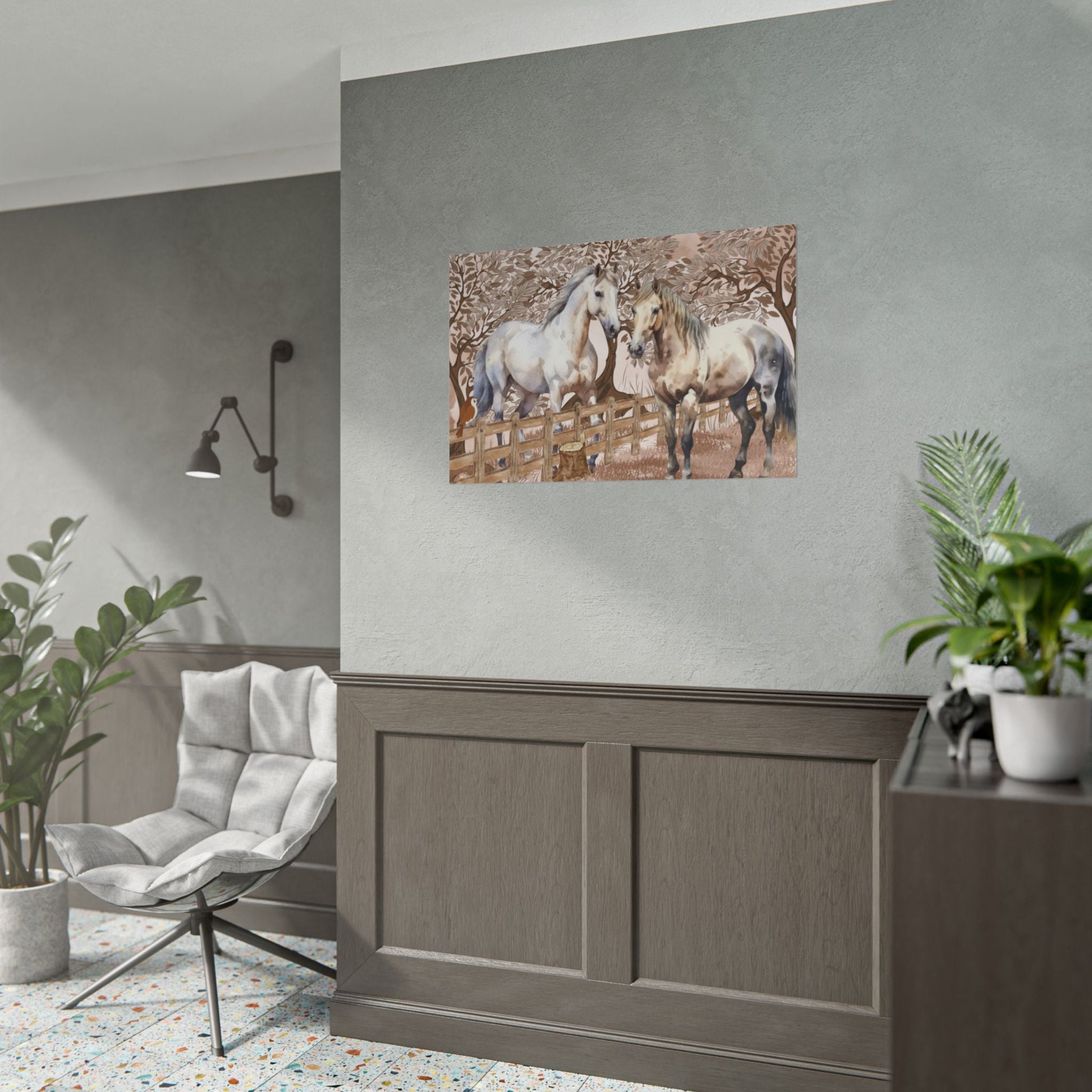 Poster - Zwei Pferde grau weiß kariert begrüßen sich am Zaun - Familientruhe