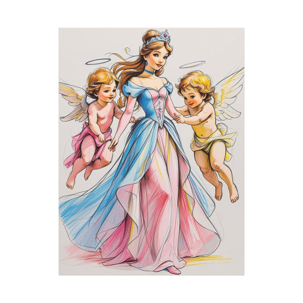 Prinzessin mit ein Seiden mehrfarbiges Kleid und kleine Engel in Mal Motiv in Großformat - Familientruhe