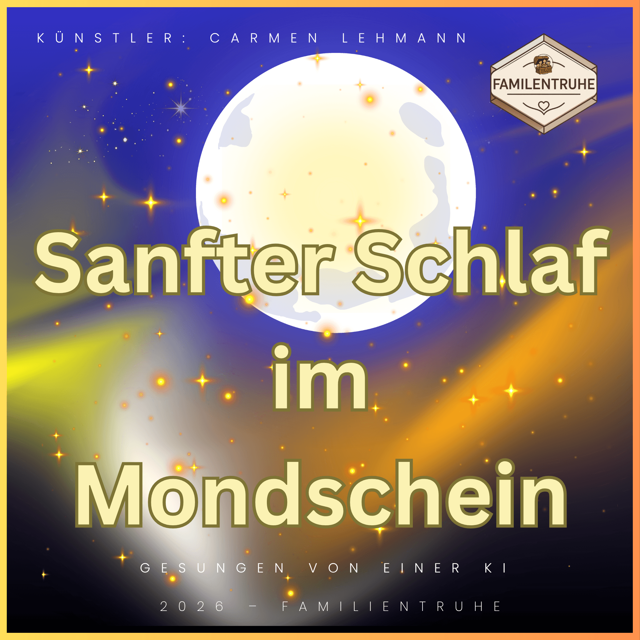 Wiegenlied-Sanfter Schlaf im Mondschein Albumcover mit Mond und glitzerndem Hintergrund.