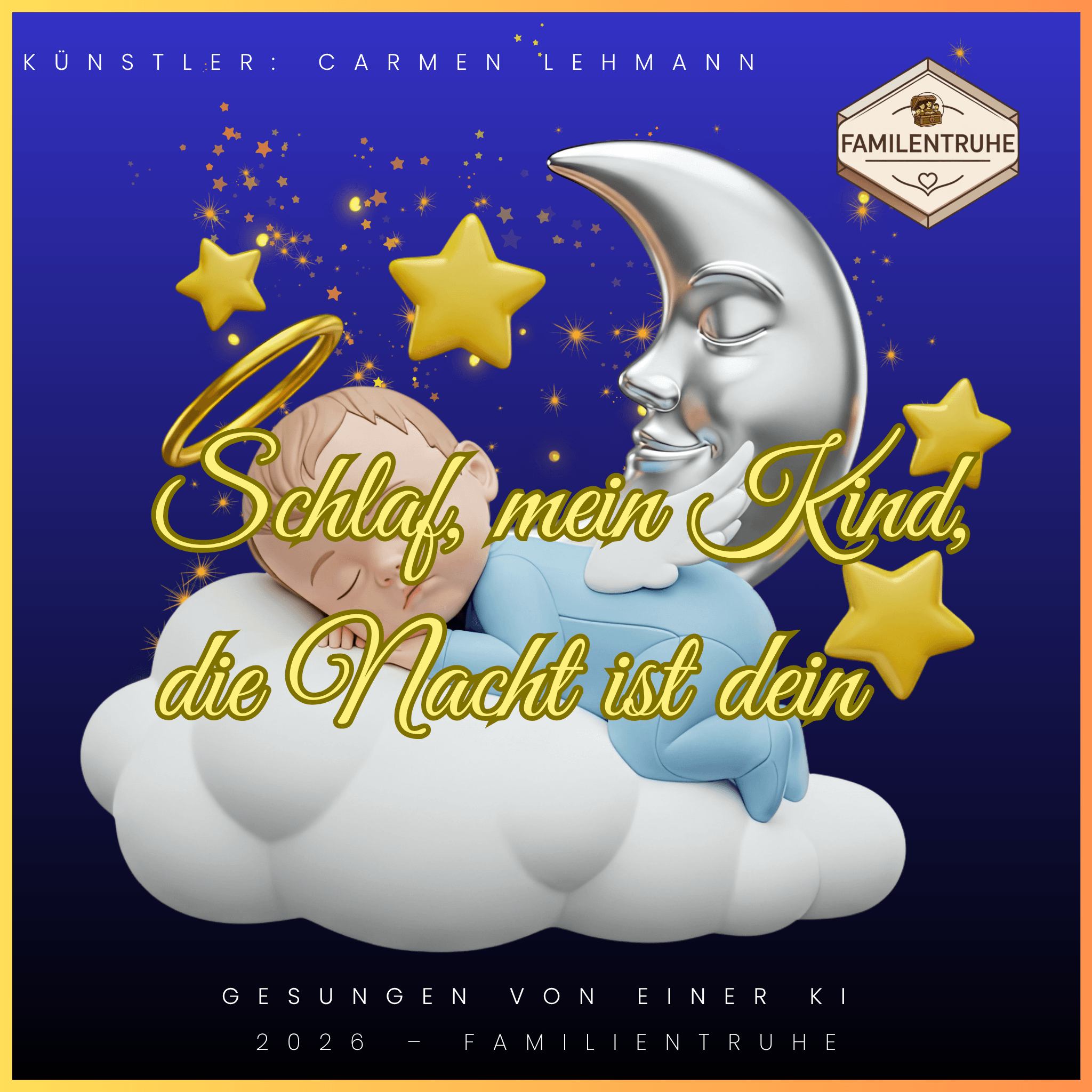 Wiegenlied-Schlaf mein Kind die Nacht ist dein mit Mond und Sternen für eine liebevolle Gutenachtstimmung.