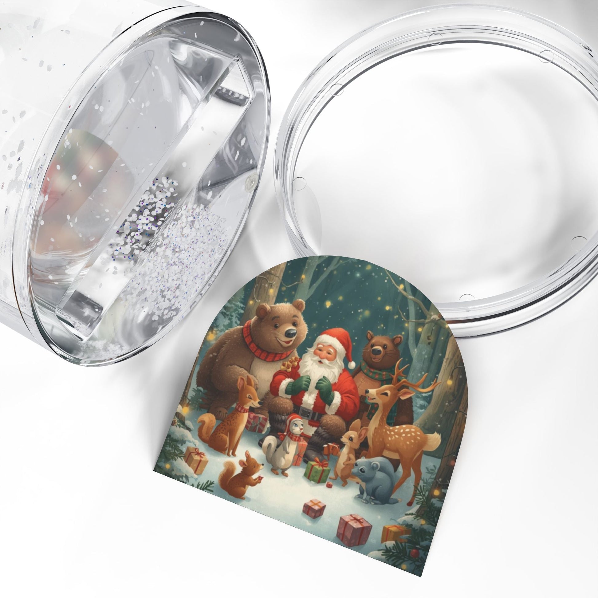 Schneekugel - Ornament mit Tieren und Weihnachtsmann - Familientruhe