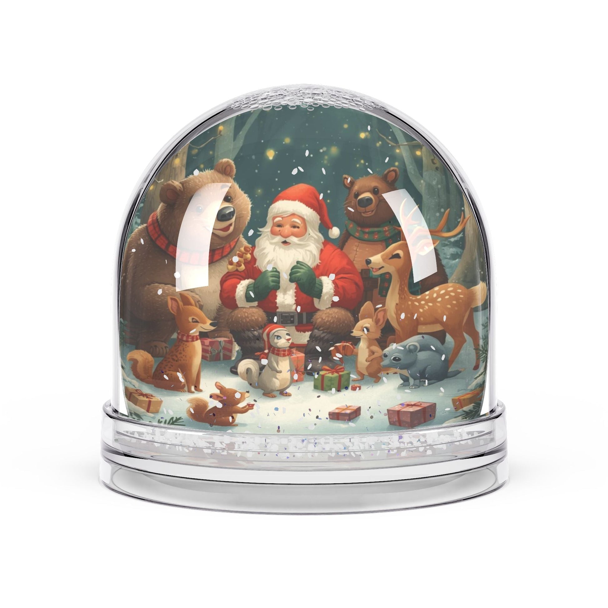 Schneekugel - Ornament mit Tieren und Weihnachtsmann - Familientruhe