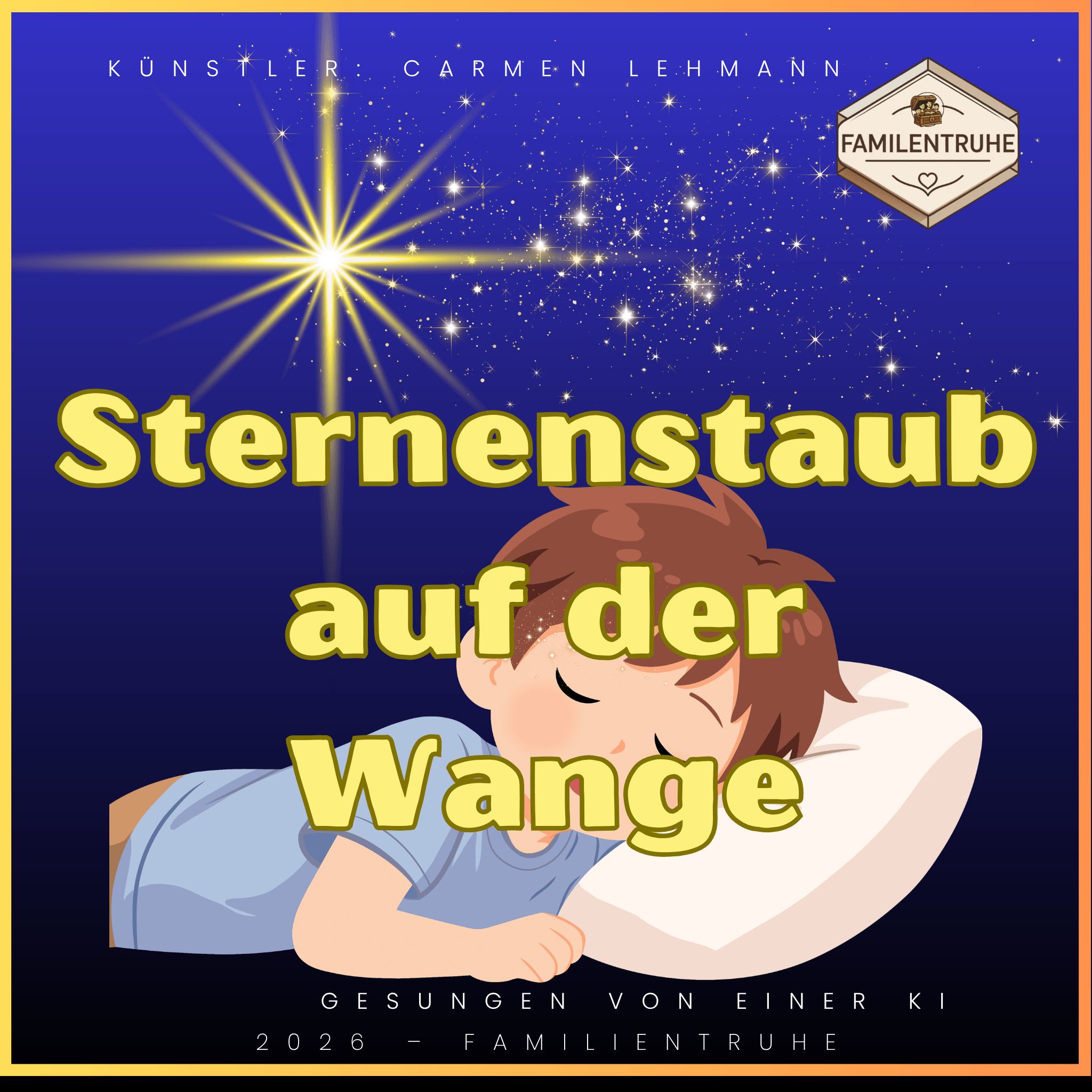 Wiegenlied-Sternenstaub auf der Wange - kind schläft unter glitzerndem Sternenstaub, zauberhafte Atmosphäre