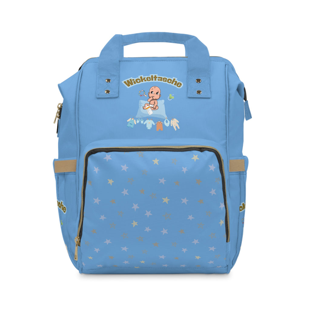 Stylischer multifunktionaler Wickelrucksack für trendige Eltern - Blau mit Sternen - Design - Familientruhe