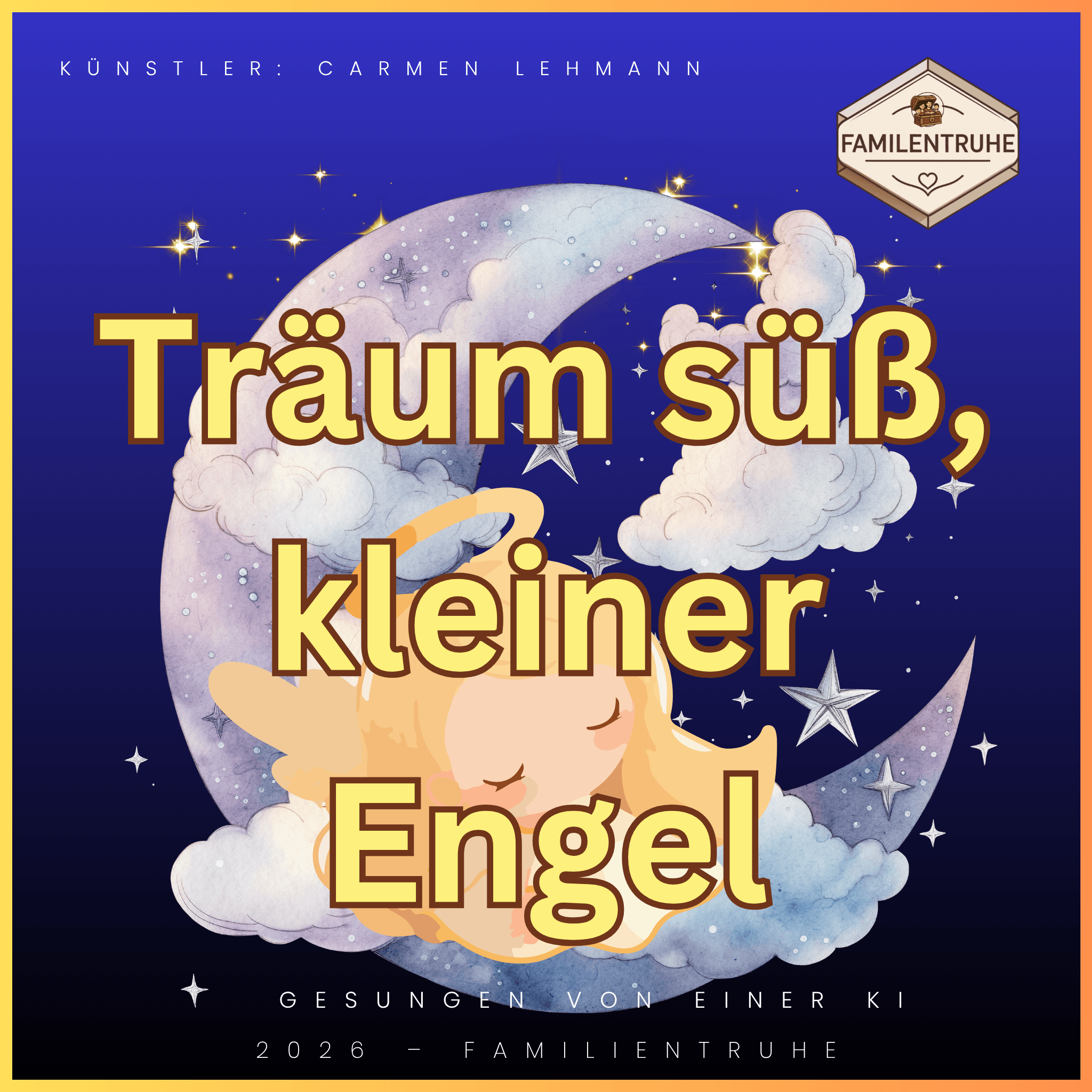 Kinderlied-Träume süß kleiner Engel Cover mit einem schlafenden Engel und Mond, fördert sanfte Melodien für Kinder.