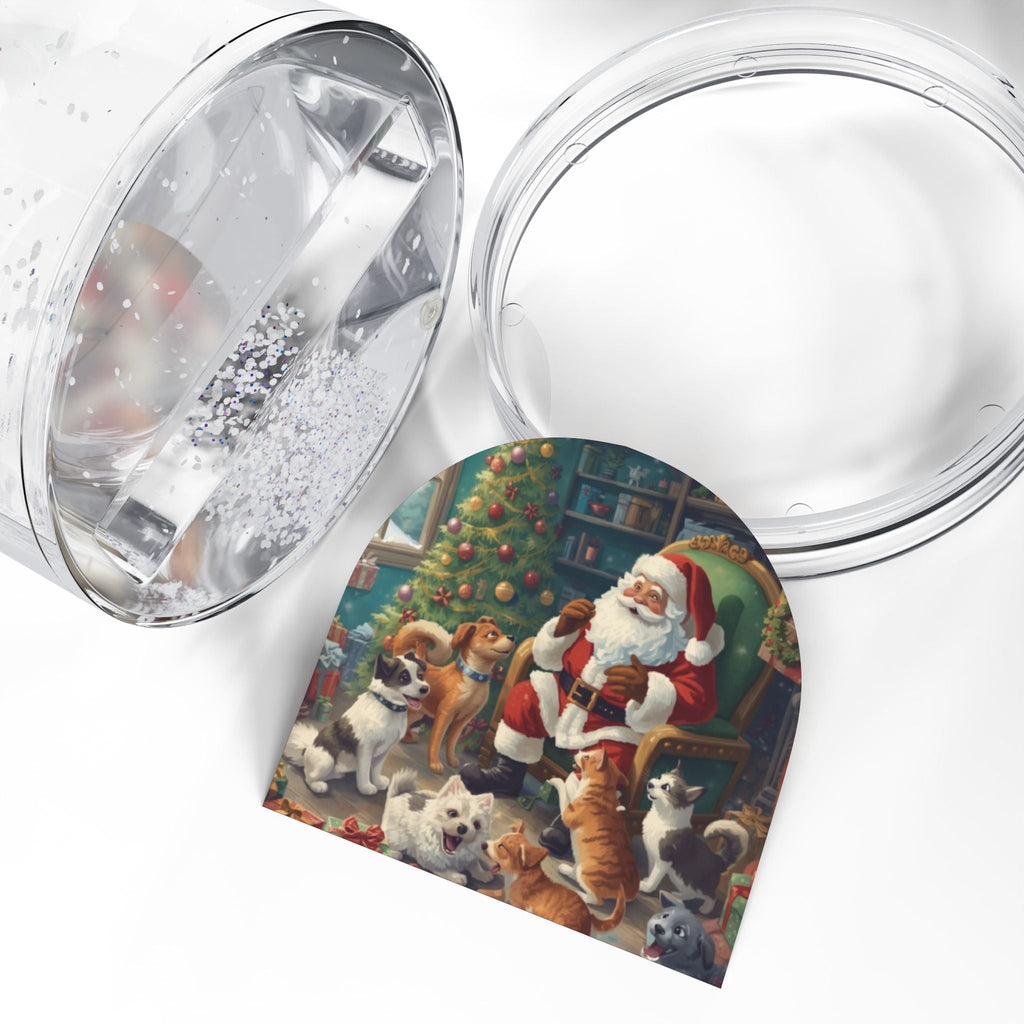 Weihnachts - Schneekugel mit Weihnachtsmann und Haustieren - Familientruhe