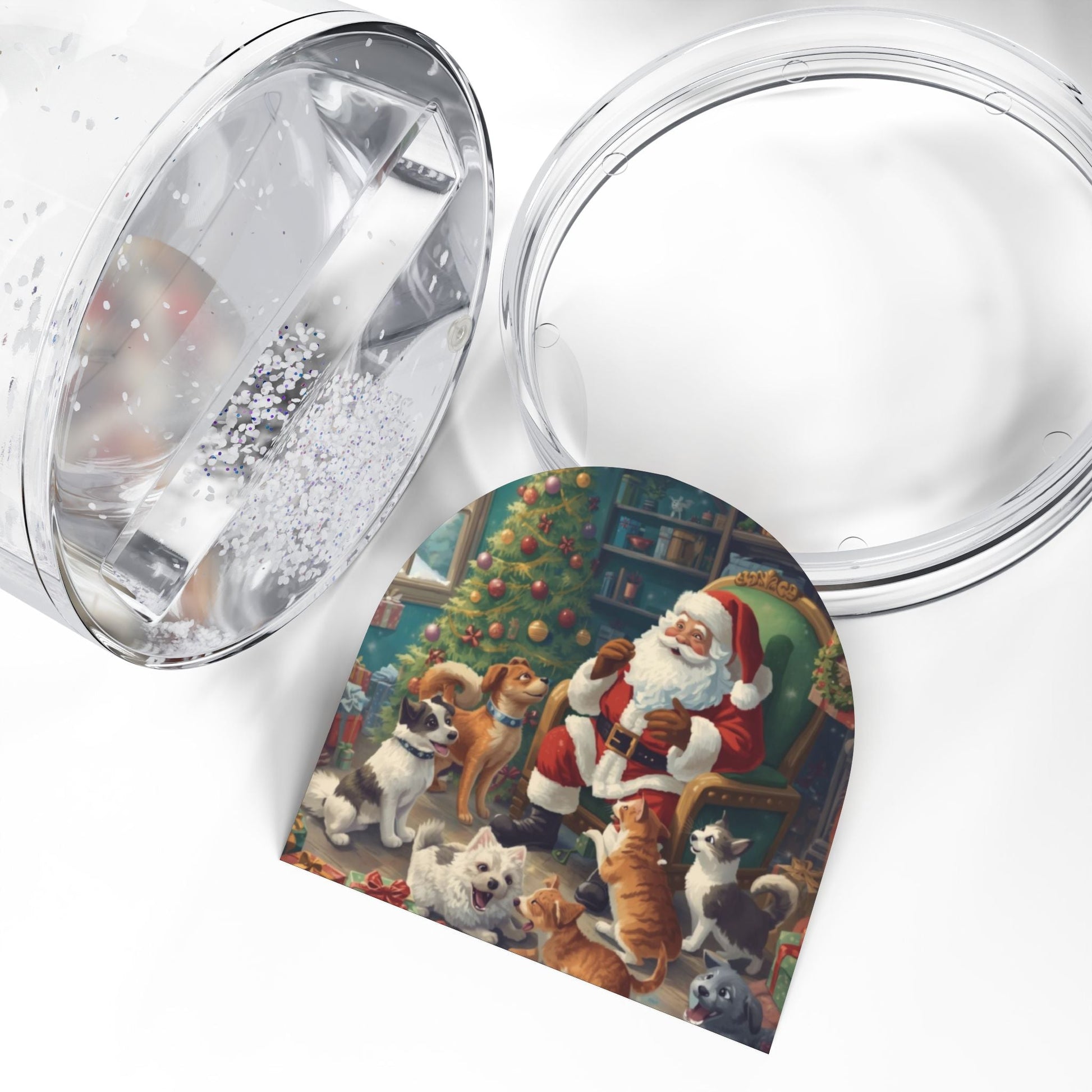 Weihnachts - Schneekugel mit Weihnachtsmann und Haustieren - Familientruhe