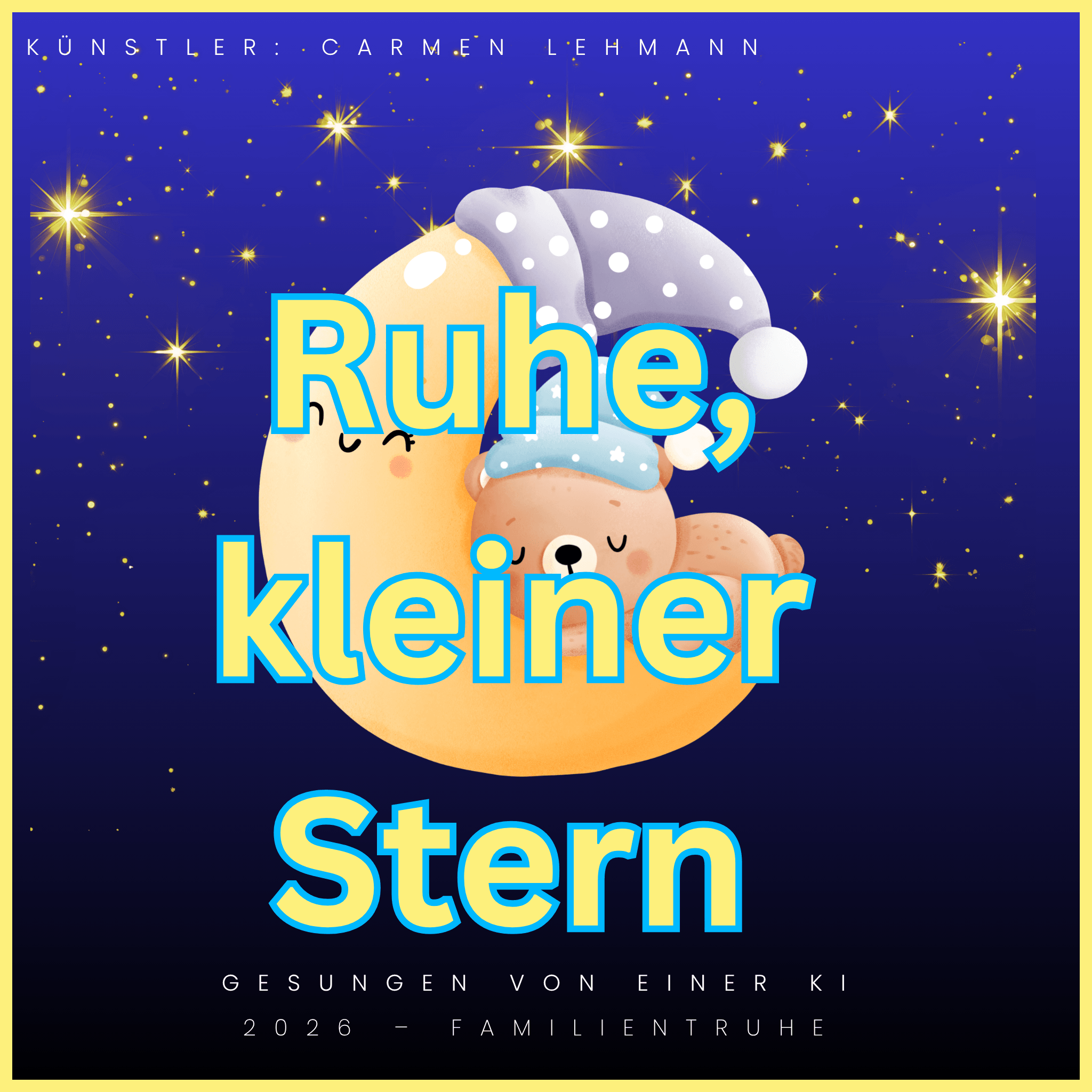 Wiegenlied-Ruhe kleiner Stern Nacht Song mit süßer Illustration eines schlafenden Sterns und Bärchen.